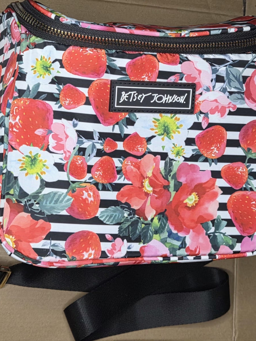 Betsey Johnson Strawberry Floral Striped Lunch Box Tote Crossbody Like New
